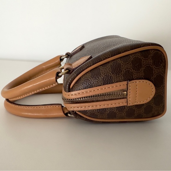 ✨CELINE Vintage Macadam Triomphe Canvas Leather Micro Mini Boston Handbag Brown - Picture 5 of 17